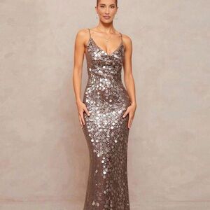 Rose Gold Sequin Spaghetti-Strap Prom Gown